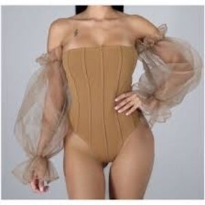 Tan Off-Shoulder Bodysuit with Sheer Sleeves Vakentines DAY